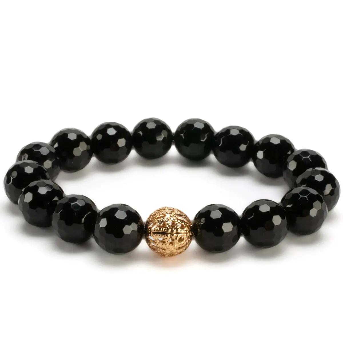 Black Agate 12Mm Beads With Gold Accent Bead Elastic Gemstone Bracelet 1