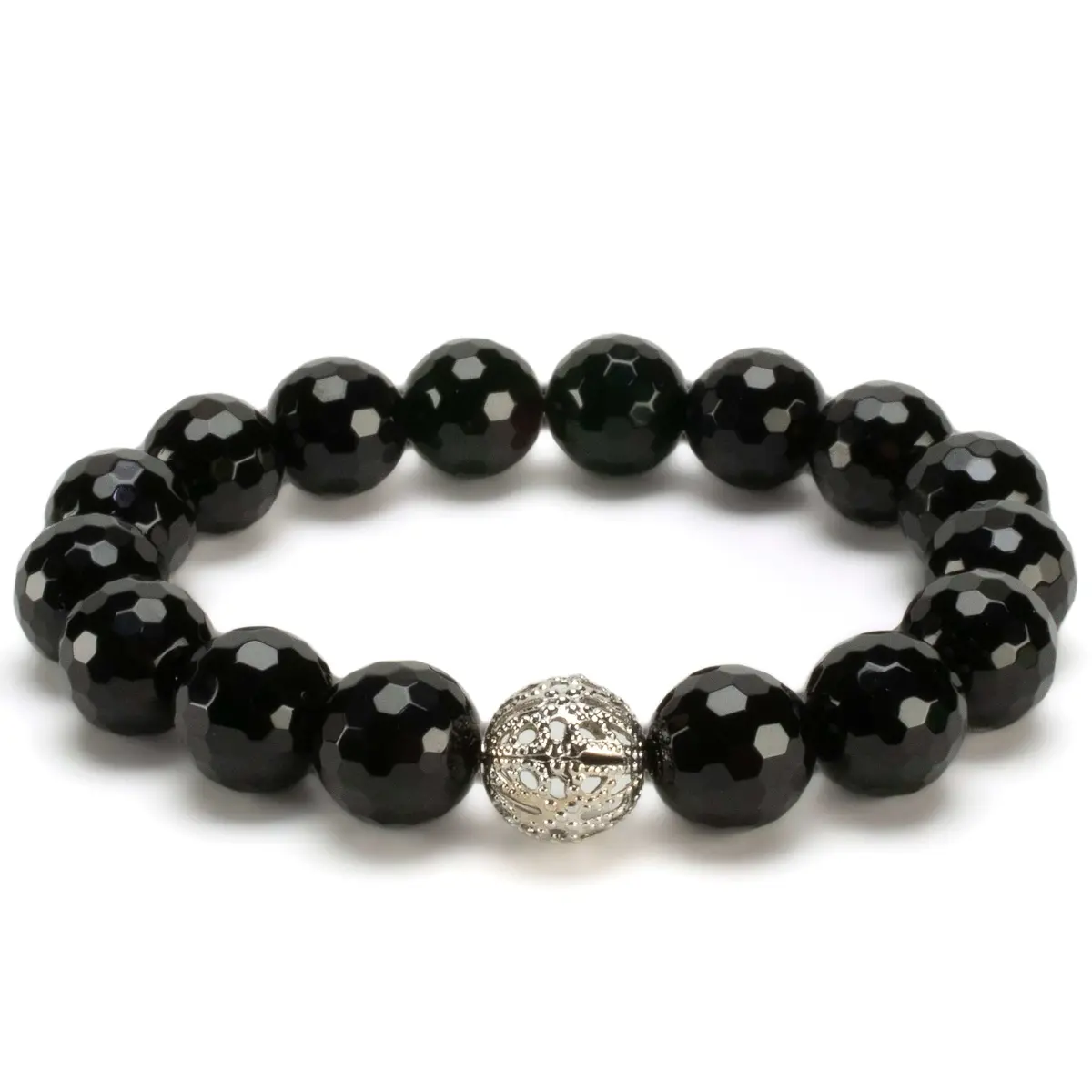 Black Agate 12Mm Beads With Silver Accent Bead Elastic Gemstone Bracelet 1