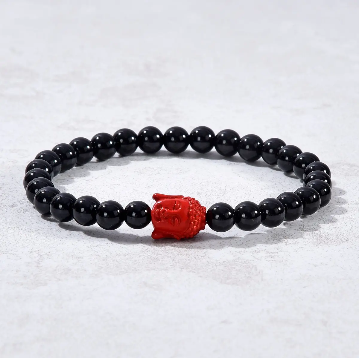 Black Agate 6Mm Elastic Gemstone Bracelet With Cinnabar Buddha 1