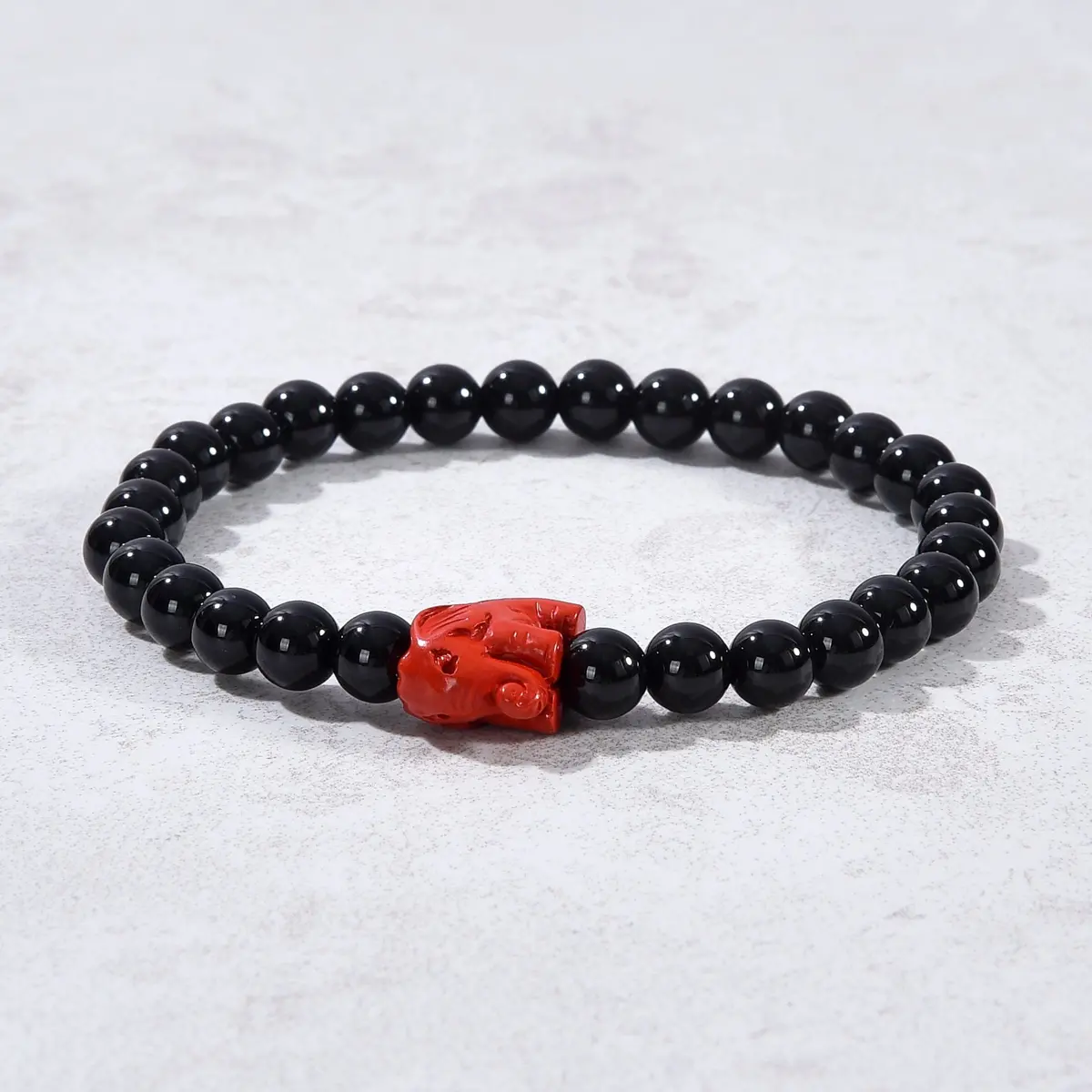 Black Agate 6Mm Elastic Gemstone Bracelet With Cinnabar Elephant 1