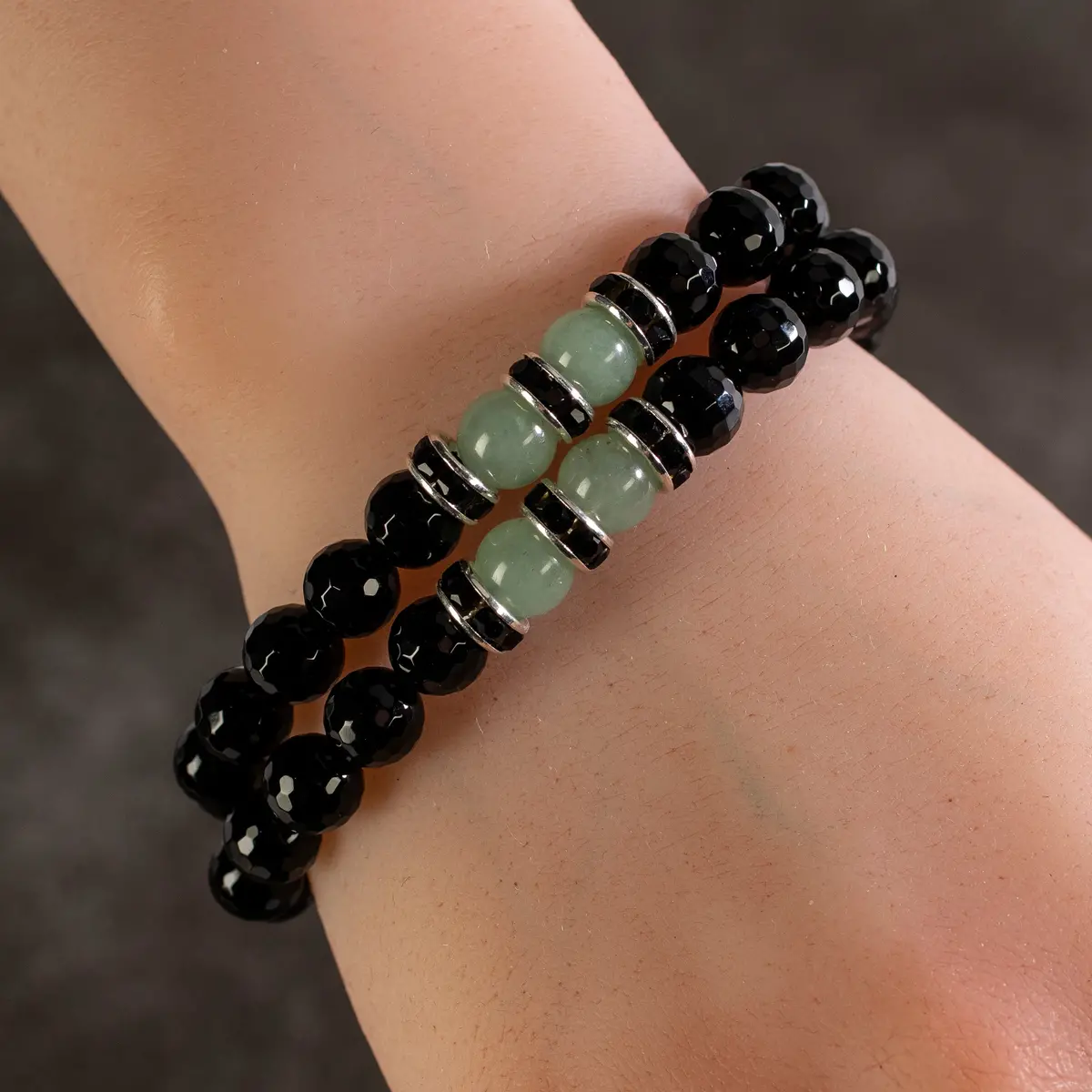 Black Agate 8Mm Beaads With Aventurine And Black & Silver Accent Beads Double Wrap Elastic Gemstone Bracelet 1