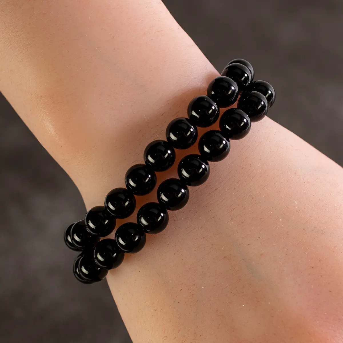 Black Agate 8Mm Beads Double Wrap Elastic Gemstone Bracelet 1