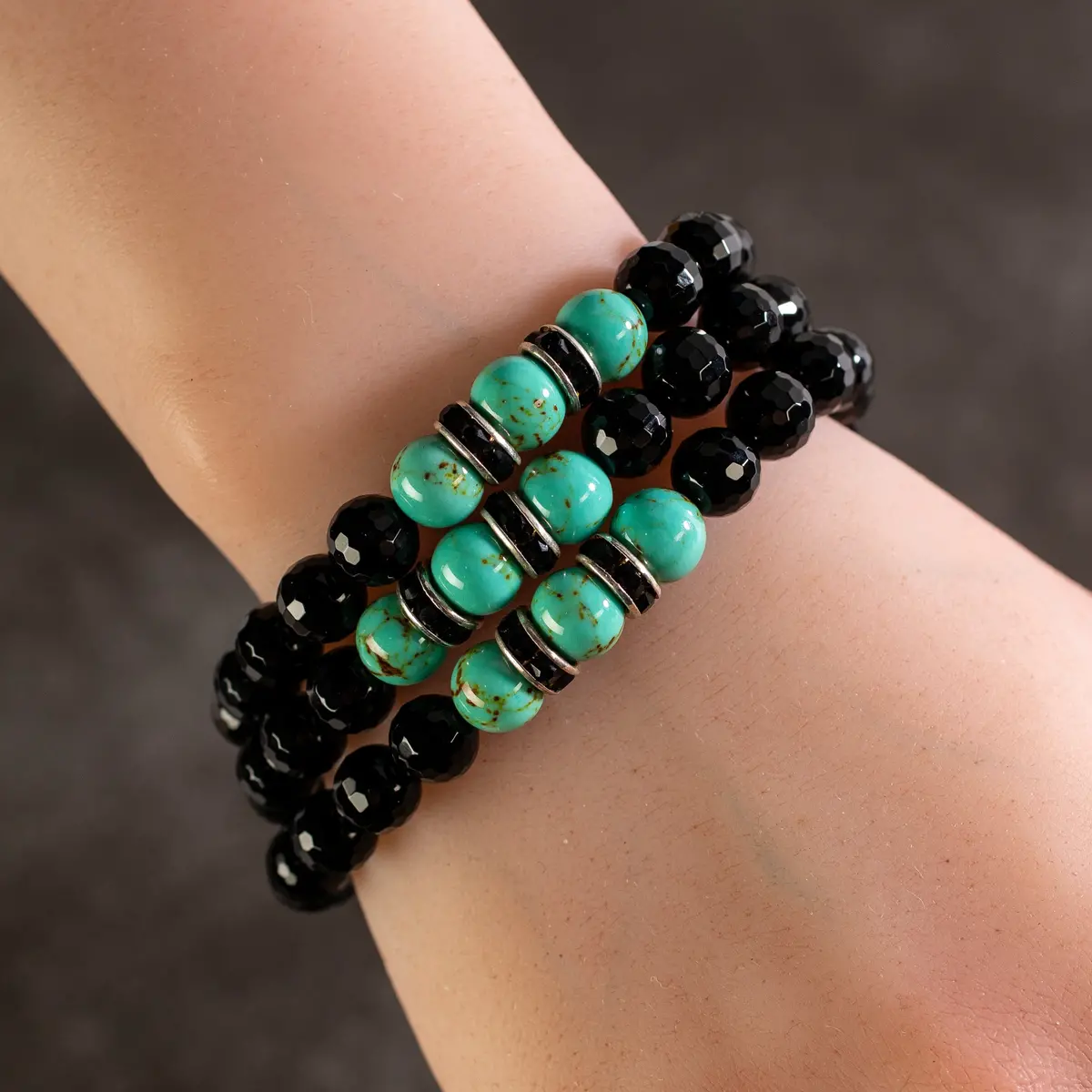 Black Agate 8Mm Beads With Howlite Turquoise And Crystal Accent Beads Triple Wrap Elastic Gemstone Bracelet 1