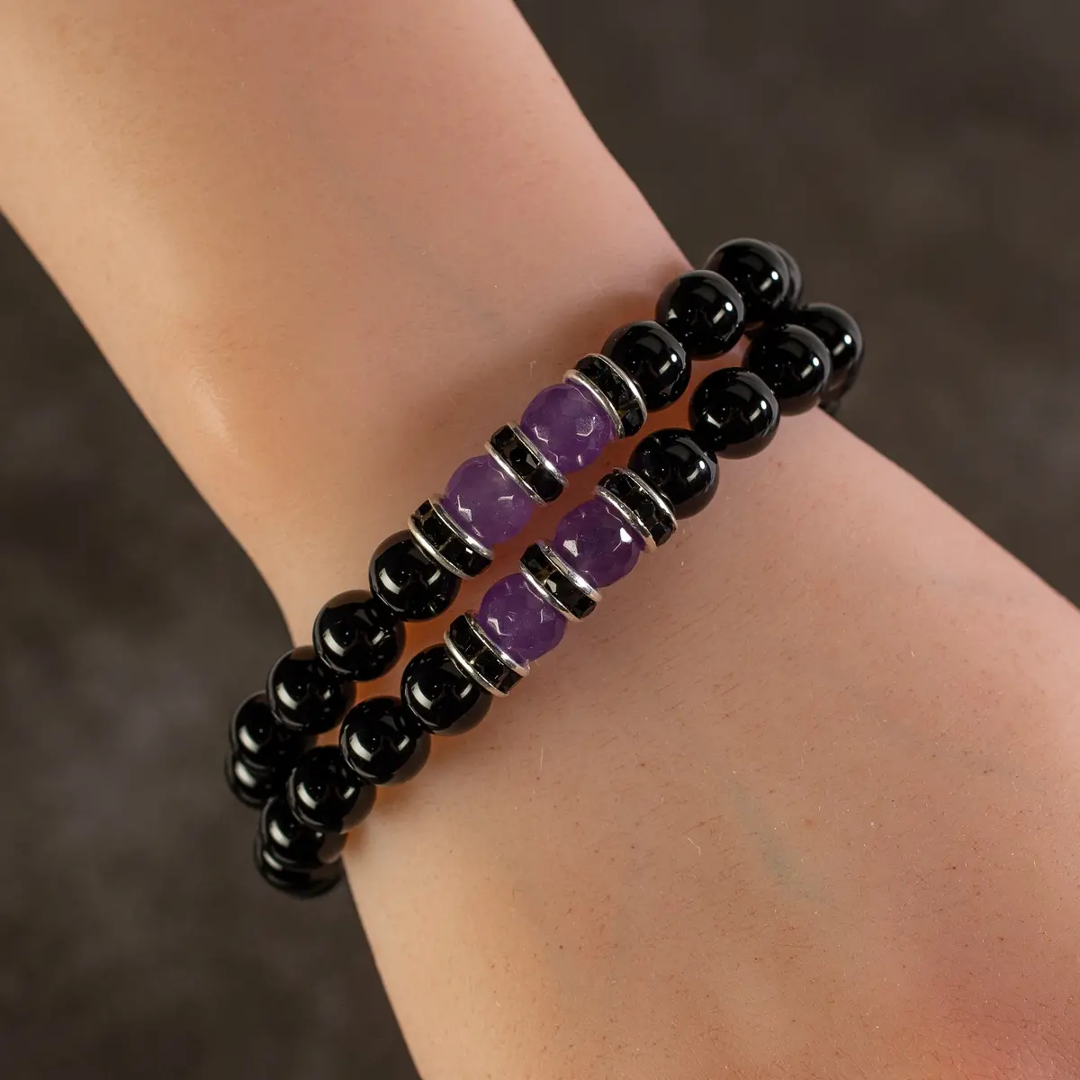 Black Agate 8Mm Beads With Light Purple Agate And Black & Silver Accent Beads Double Wrap Elastic Gemstone Bracelet 1