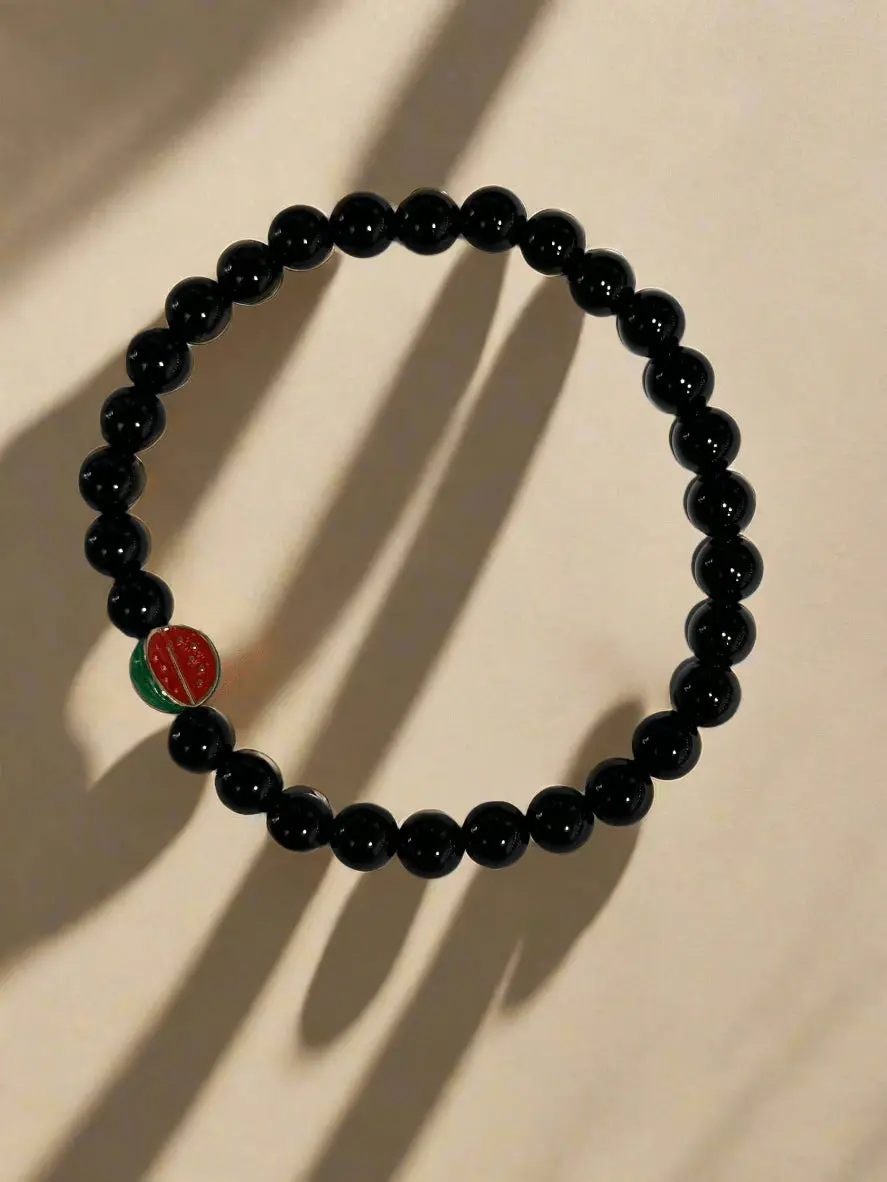 Black Agate And Watermelon Charm Elastic Gemstone Bracelet 1