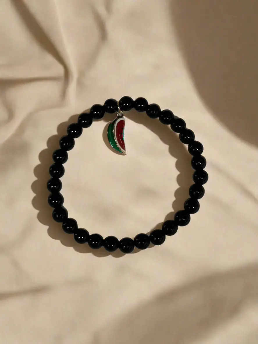 Black Agate And Watermelon Slice Elastic Gemstone Bracelet 1