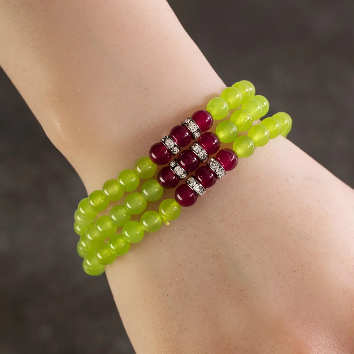 Bright Green Agate 6Mm Beads With Black Agate And Crystal Accent Beads Gemstone Triple Wrap Elastic Bracelet 1