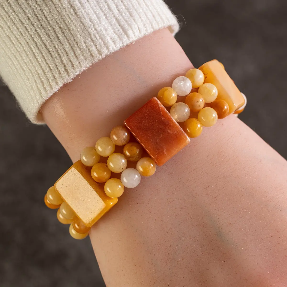 Butter Jade Rectangular And Circular Bead Gemstone Bracelet 1