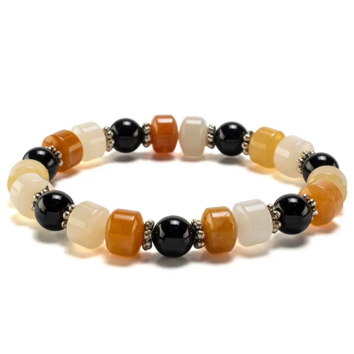 Butter Jade Wheel Shaped Beads And Round Black Agate With Accent Beads Gemstone Elastic Bracelet 1