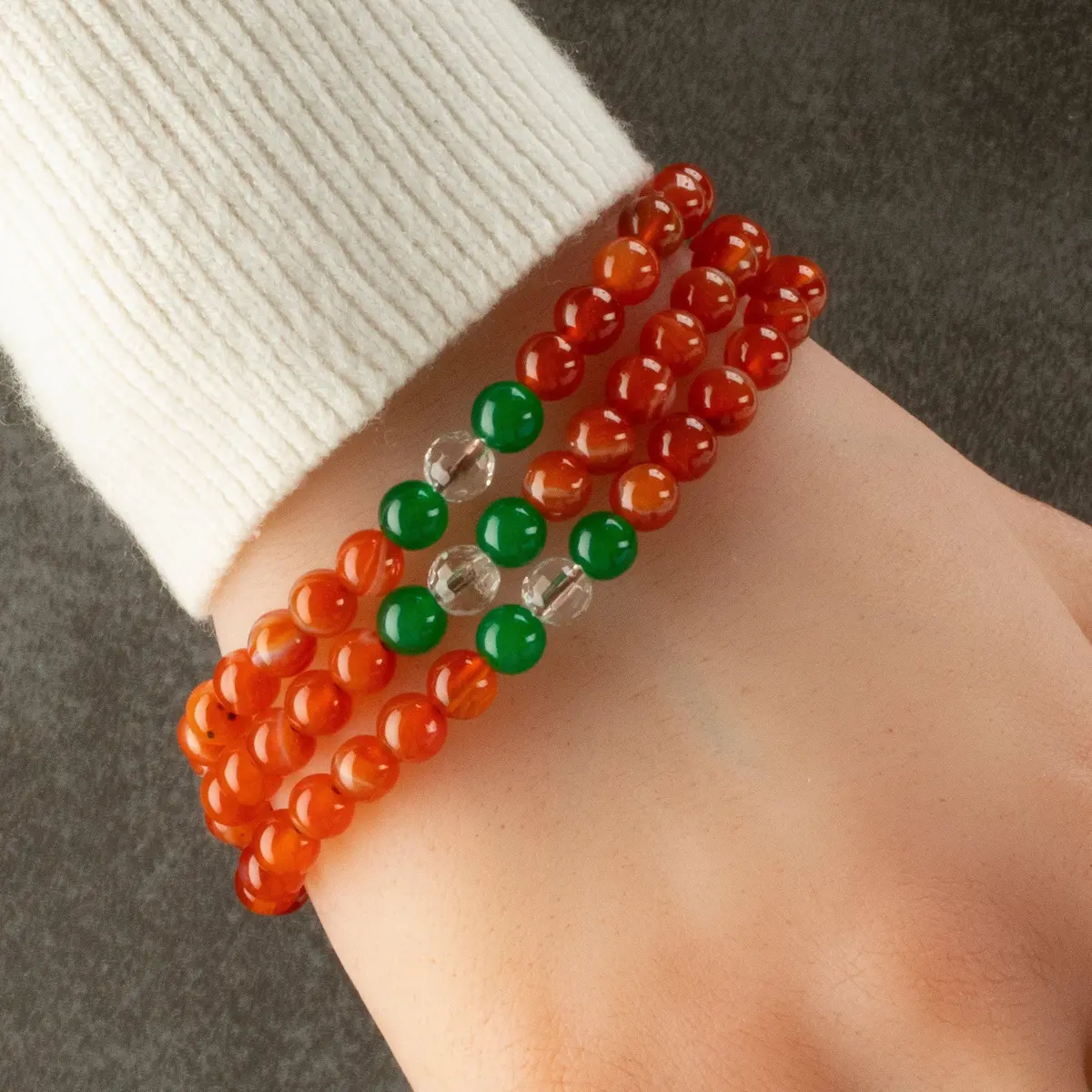 Carnelian 6Mm Beads With Aventurine & Quartz Accent Beads Triple Wrap Gemstone Elastic Bracelet 1