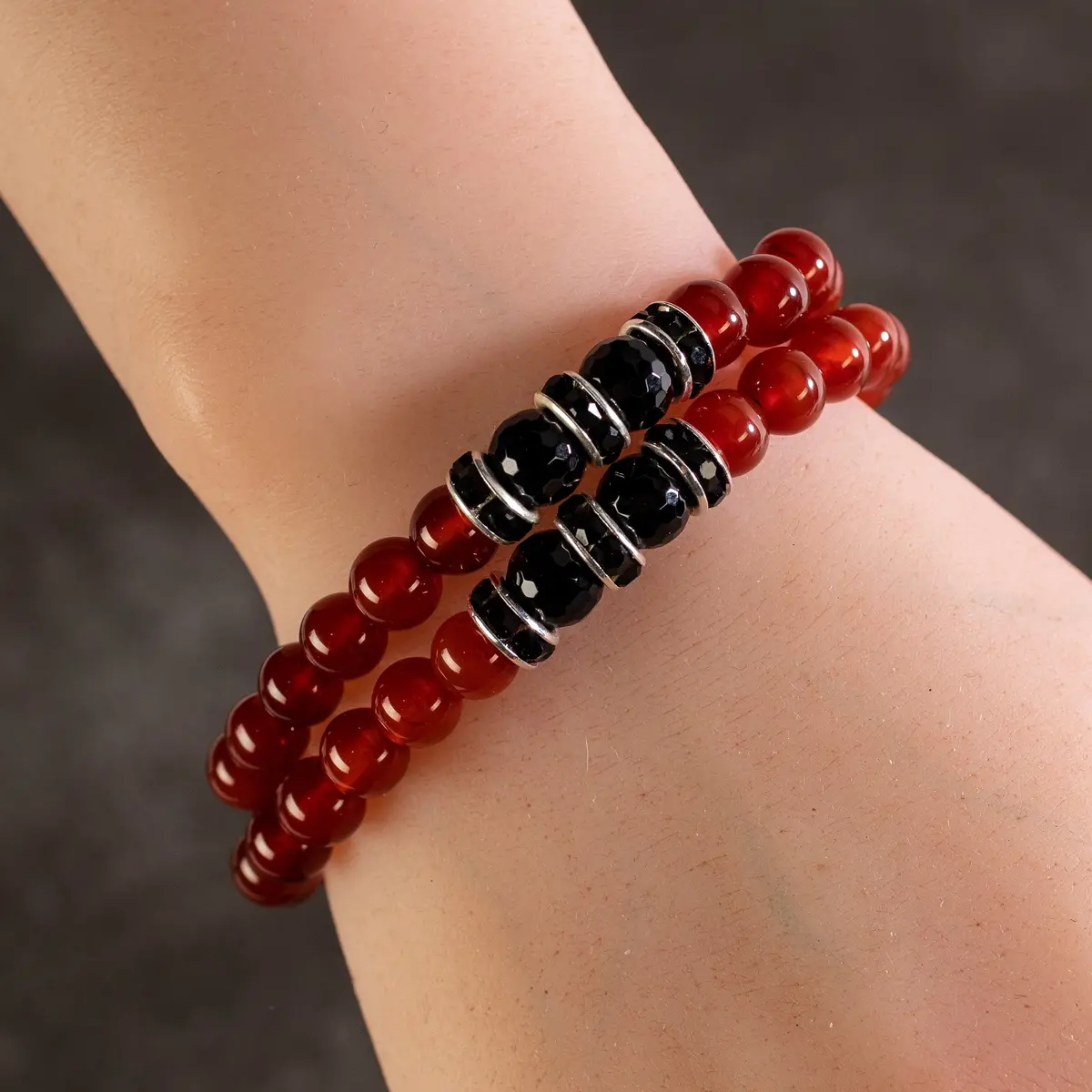 Carnelian 8Mm Beads With Black Agate And Black And Silver Accent Beads Double Wrap Elastic Gemstone Bracelet 1