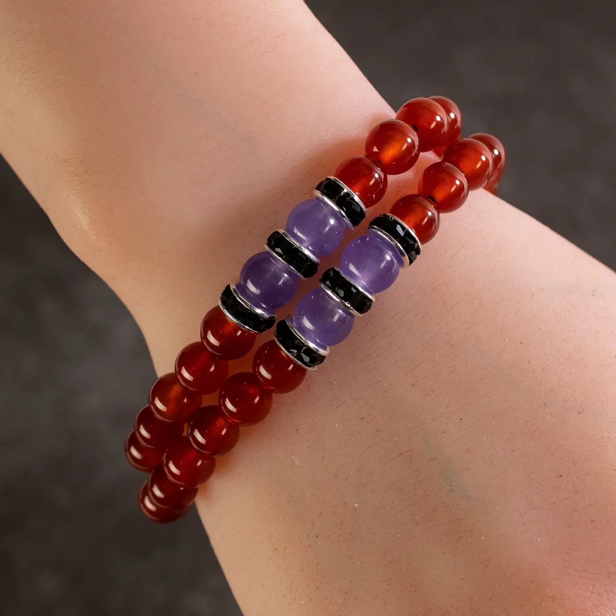 Carnelian 8Mm Beads With Purple Agate And Black And Silver Accent Beads Double Wrap Elastic Gemstone Bracelet 1