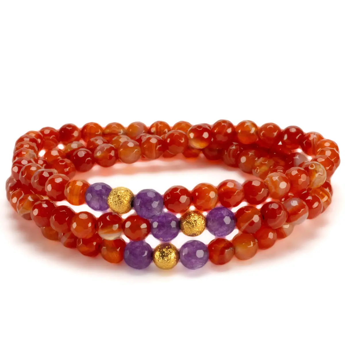 Carnelian Faceted 6Mm Beads With Amethyst & Gold Accent Beads Triple Wrap Gemstone Elastic Bracelet 1