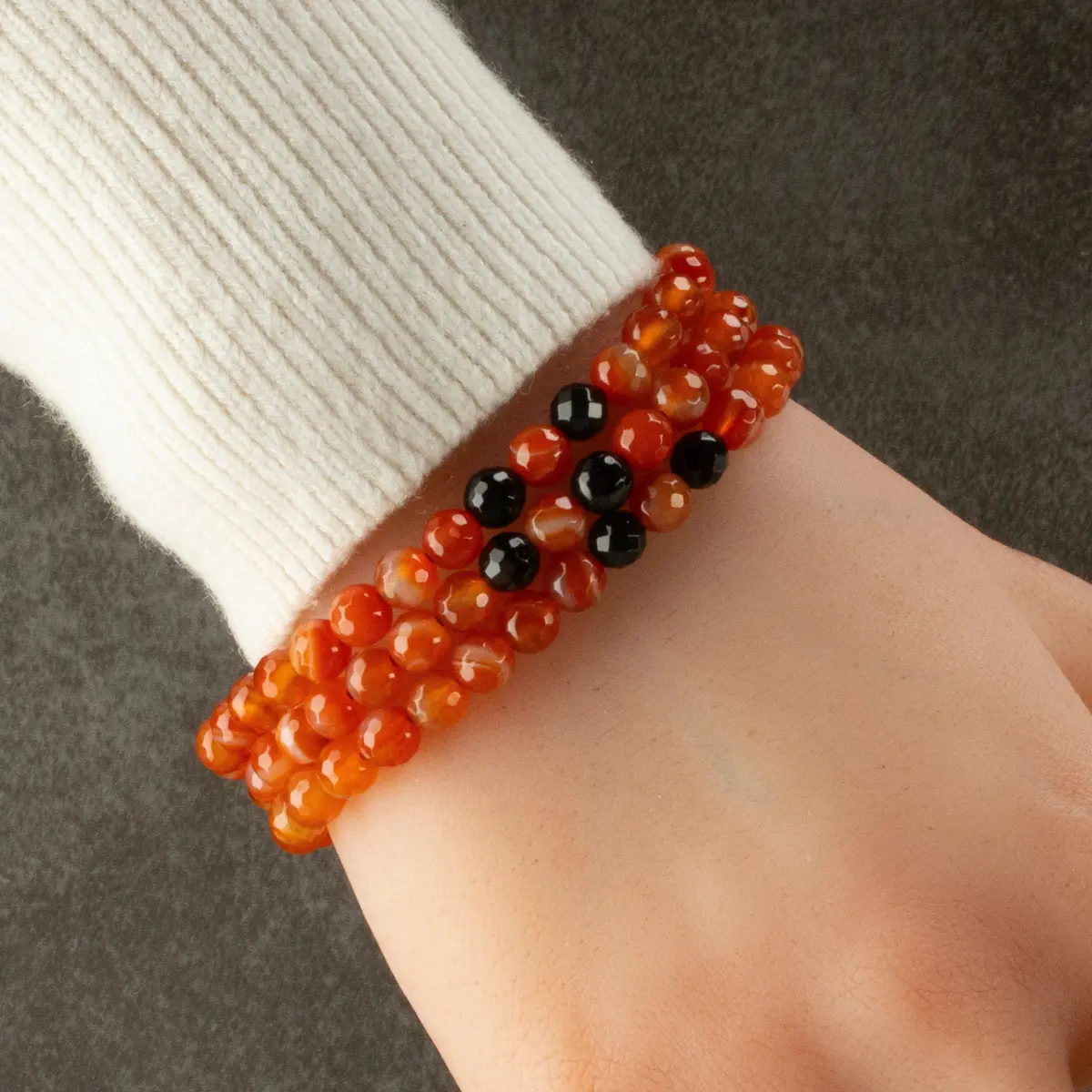 Carnelian Faceted 6Mm Beads With Black Agate Accent Beads Triple Wrap Gemstone Elastic Bracelet 1