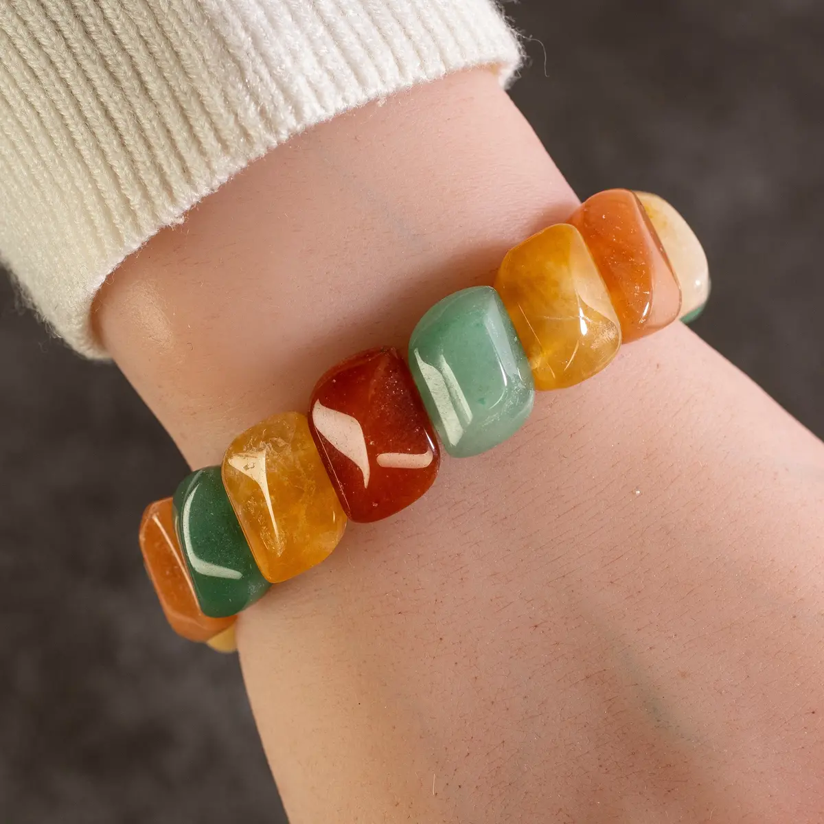 Diagonal Faceted Citrine, Aventurine, And Carnelian Gemstone Elastic Bracelet 1