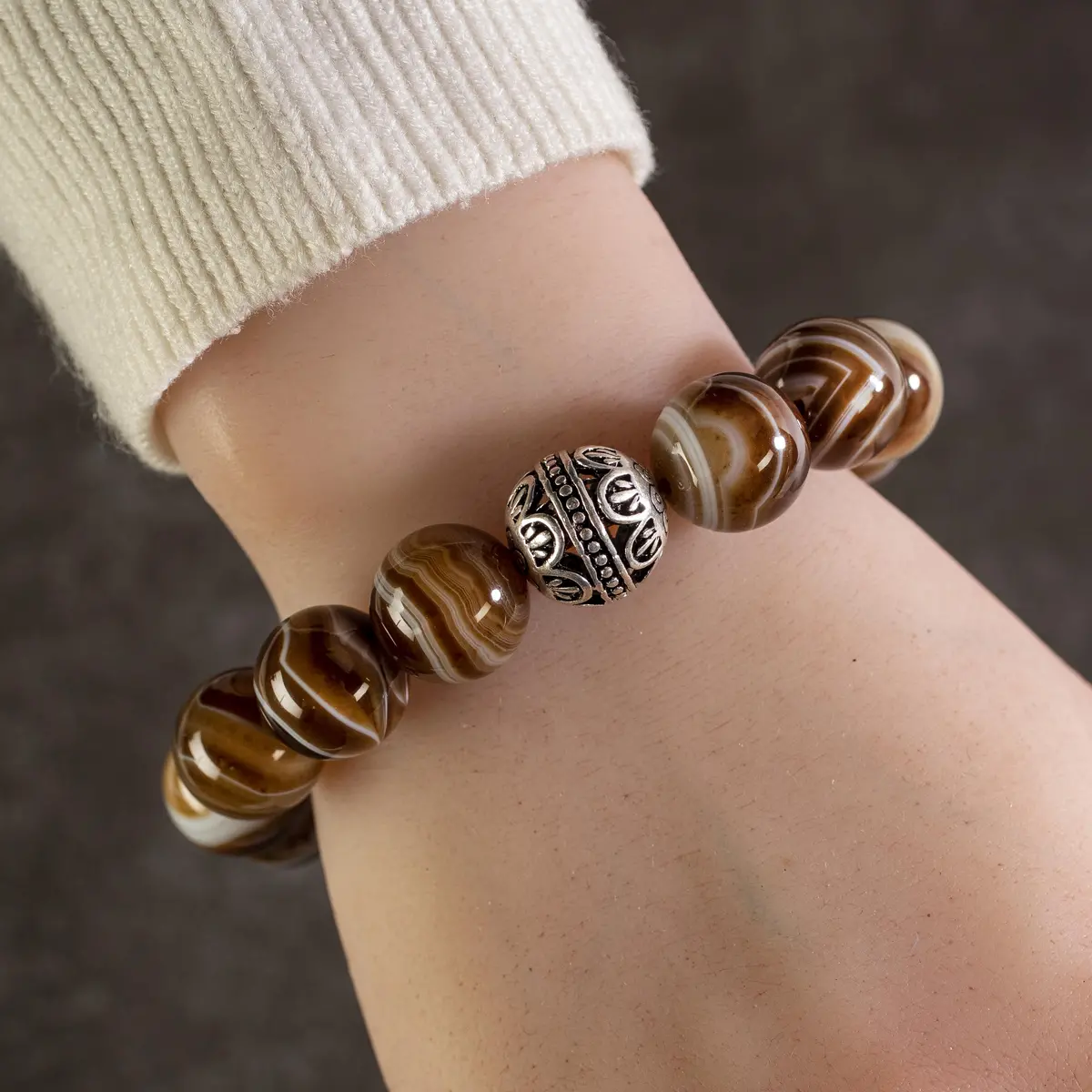 Espresso Agate 14Mm Natural Gemstone Bead Elastic Bracelet With Accent Bead 1