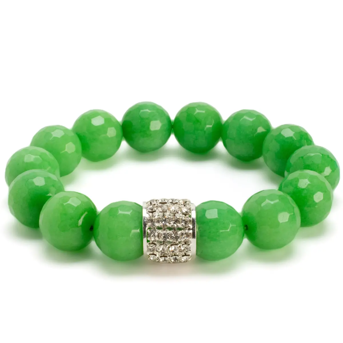 Faceted 14Mm Green Color Enhanced Jade With Sparkly Silver Crystal Accent Bead Gemstone Elastic Bracelet 1