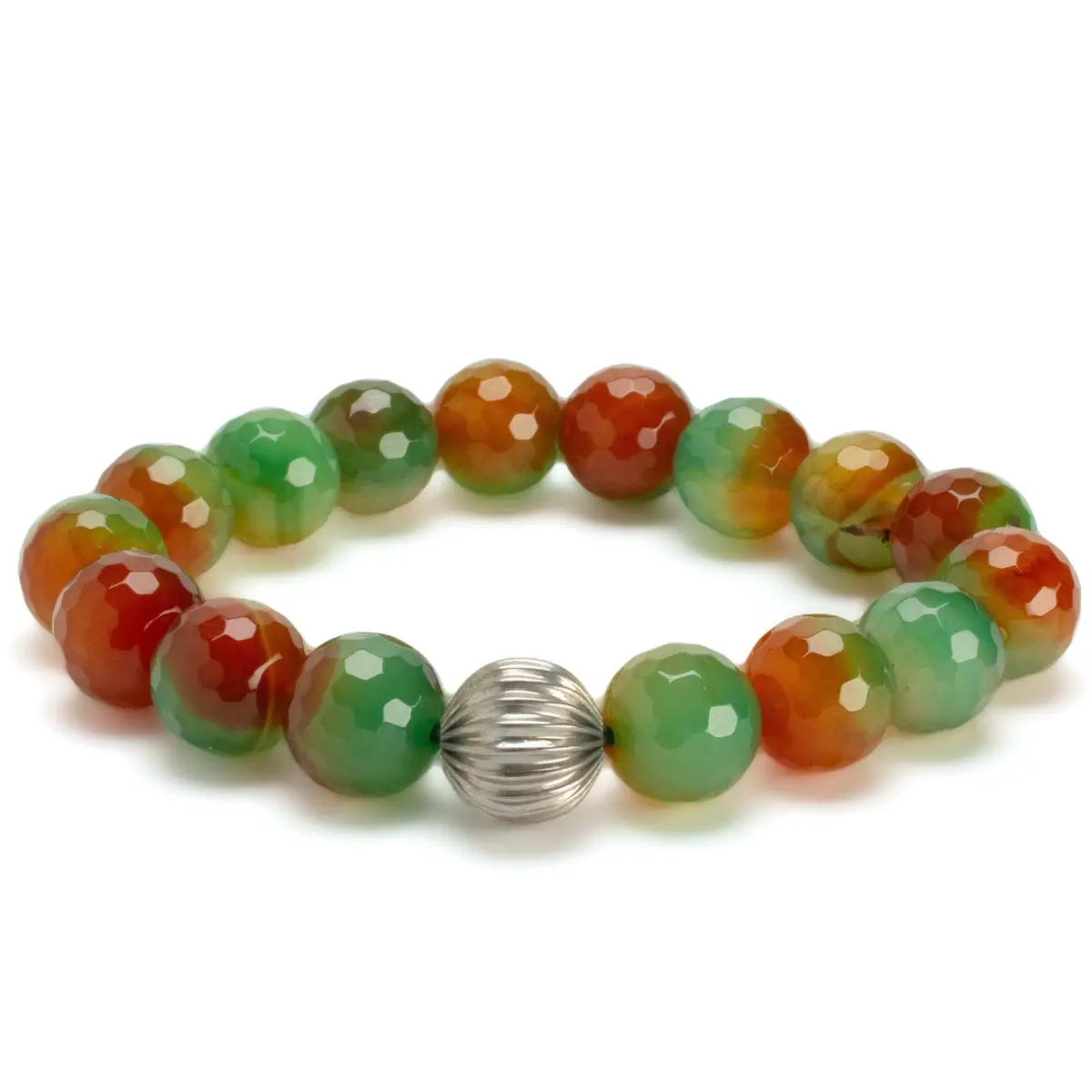 Faceted Agate 12Mm Gemstone Bead Elastic Bracelet With Silver Accent Bead 1