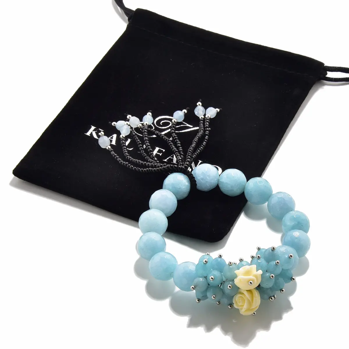 Faceted Aqua Agate With Flower Accents 12Mm Gemstone Bead Elastic Bracelet 1