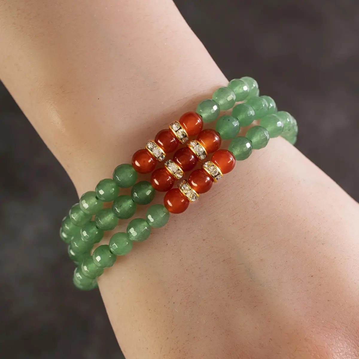 Faceted Aventurine 6Mm Beads With Carnelian And Gold Crystal Accent Beads Triple Wrap Elastic Gemstone Bracelet 1