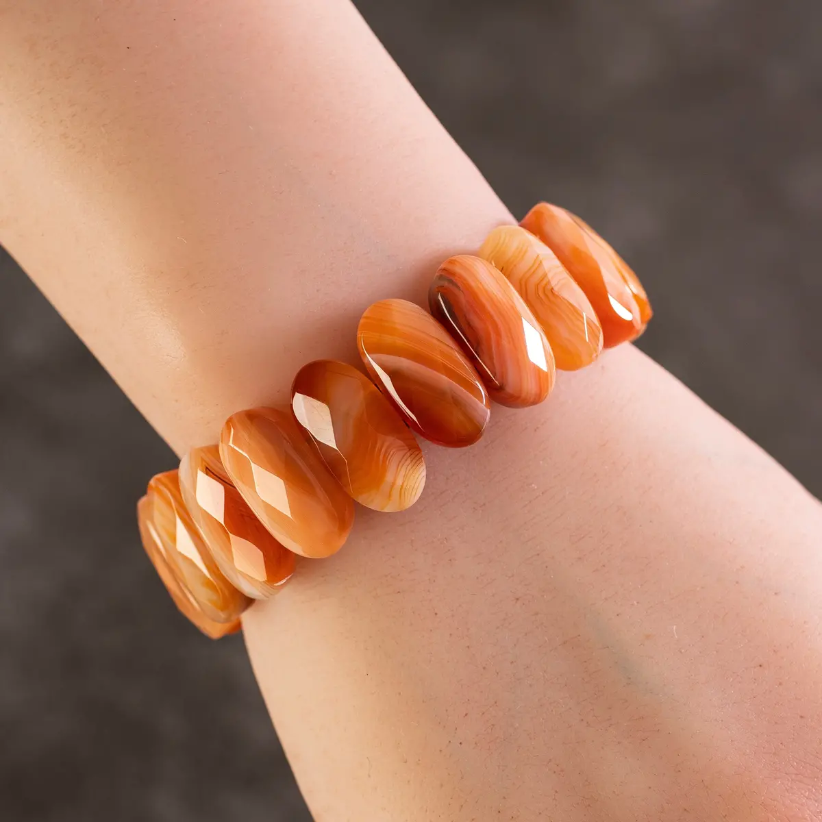 Faceted Banded Carnelian Gemstone Elastic Bracelet 1