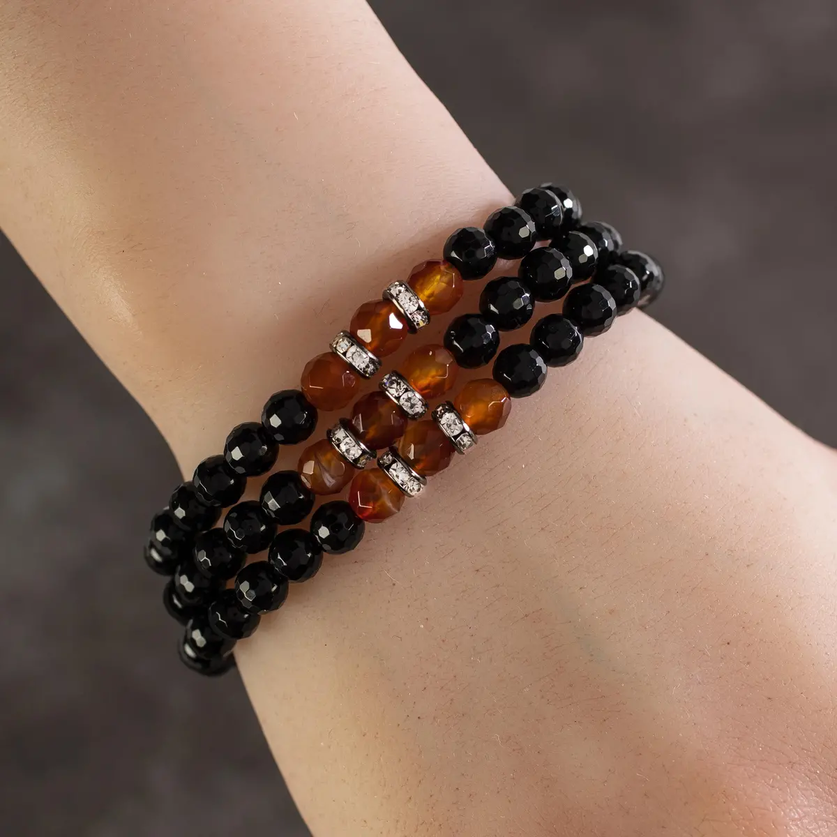 Faceted Black Agate 6Mm Beads With Carnelian And Crystal Accent Beads Triple Wrap Elastic Gemstone Bracelet 1