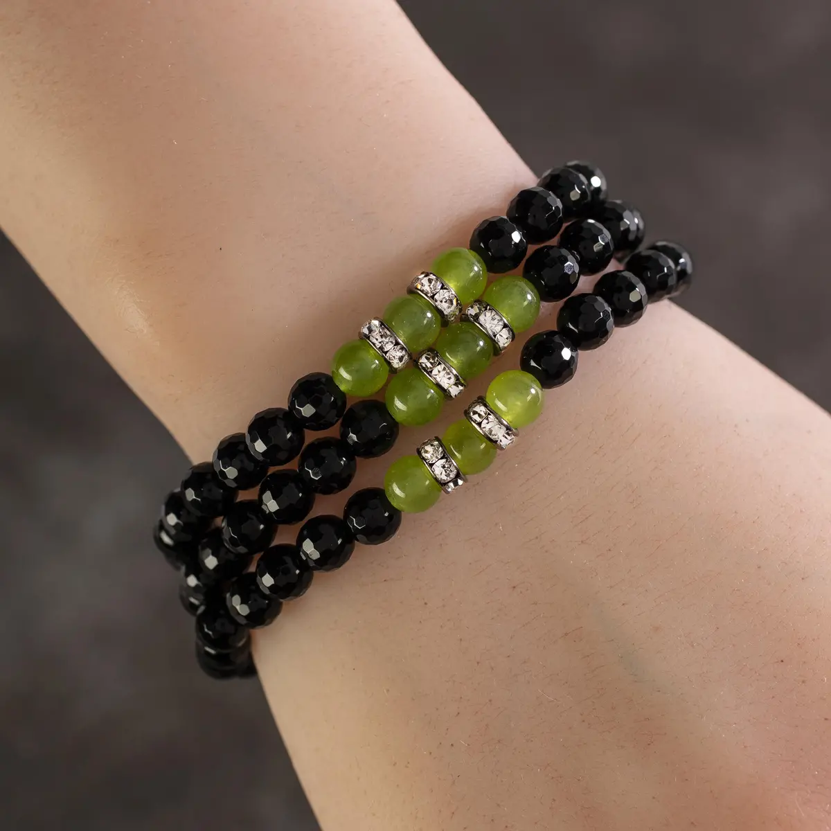 Faceted Black Agate 6Mm Beads With Green Agate And Crystal Accent Beads Triple Wrap Elastic Gemstone Bracelet 1