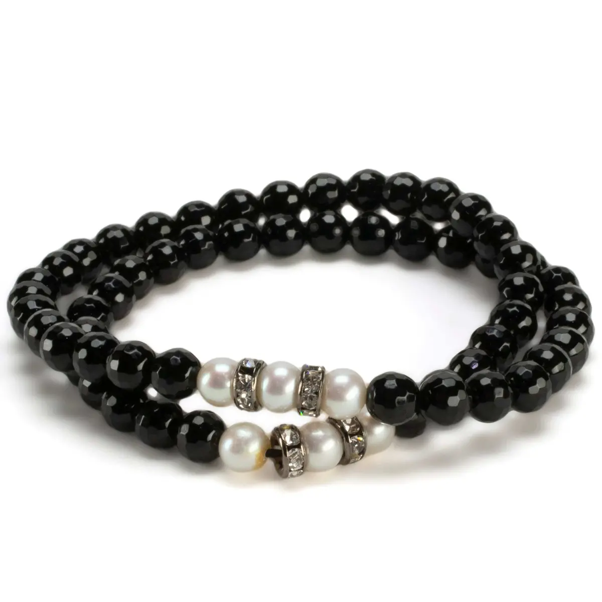 Faceted Black Agate 6Mm Beads With Pearl & Silver Accent Beads Double Wrap Elastic Gemstone Bracelet 1