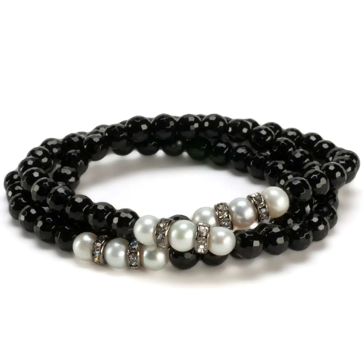 Faceted Black Agate 6Mm Beads With Pearl & Silver Accent Beads Triple Wrap Elastic Gemstone Bracelet 1