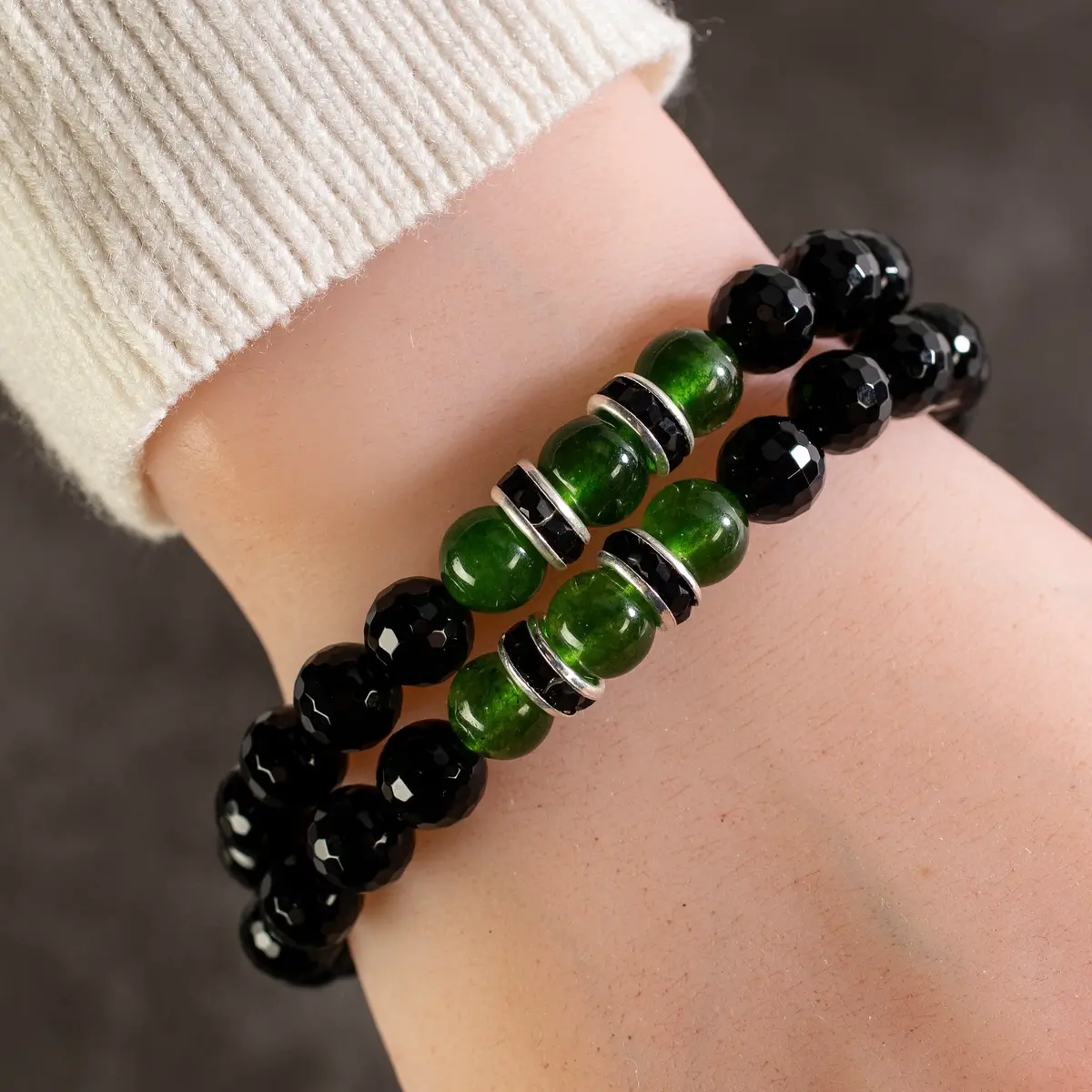 Faceted Black Agate 8Mm Beads With Aventurine And And Black And Silver Accent Beads Double Wrap Elastic Gemstone Bracelet 1