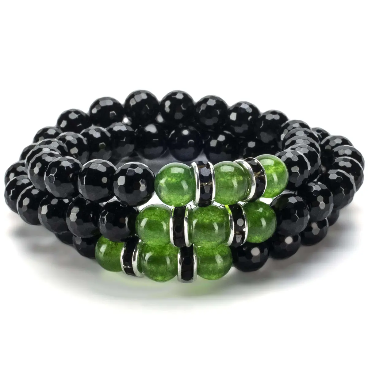 Faceted Black Agate 8Mm Beads With Aventurine And Black & Silver Accent Beads Triple Wrap Elastic Gemstone Bracelet 1