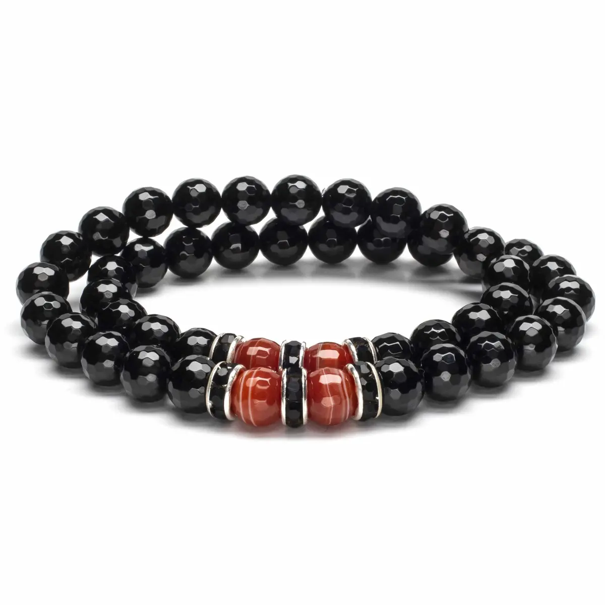 Faceted Black Agate 8Mm Beads With Carnelian And Black & Silver Accent Beads Double Wrap Elastic Gemstone Bracelet 1