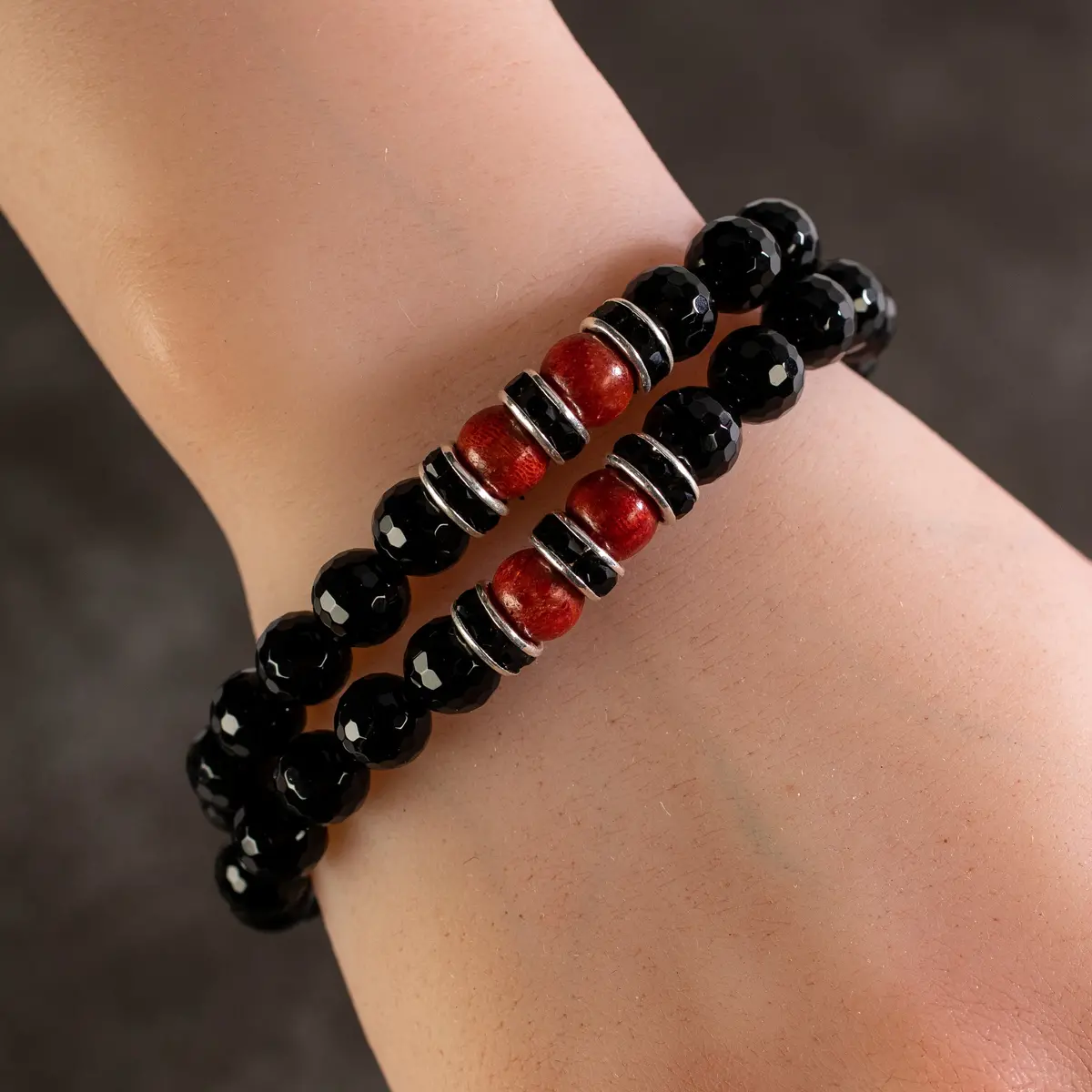 Faceted Black Agate 8Mm Beads With Coral And Black & Silver Accent Beads Double Wrap Elastic Gemstone Bracelet 1