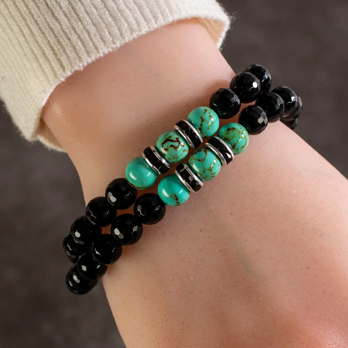 Faceted Black Agate 8Mm Beads  With Howlite Turquoise And Black And Silver Accent Beads Double Wrap Elastic Gemstone Bracelet 1