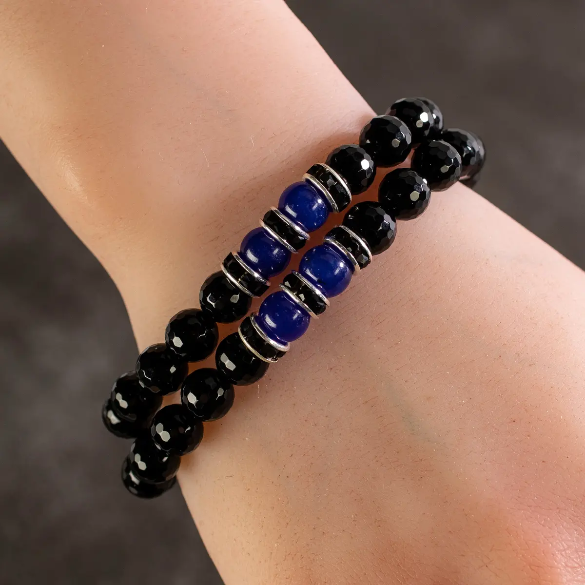 Faceted Black Agate 8Mm Beads With Lapis And Black & Silver Accent Beads Double Wrap Elastic Gemstone Bracelet 1