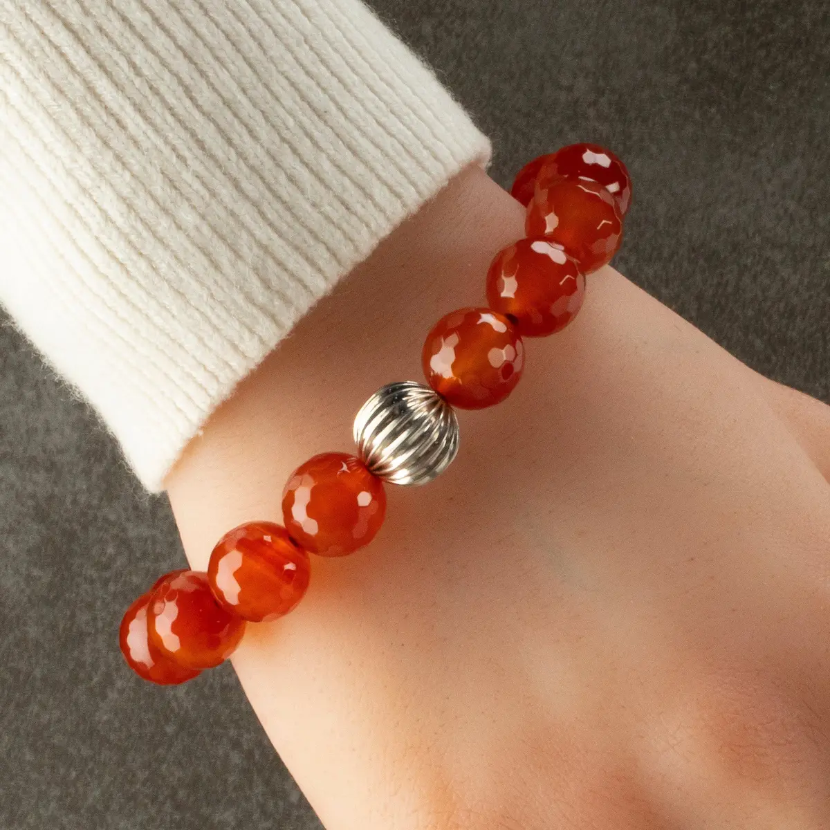 Faceted Carnelian 12Mm Gemstone Elastic Bracelet With Silver Accent Bead 2
