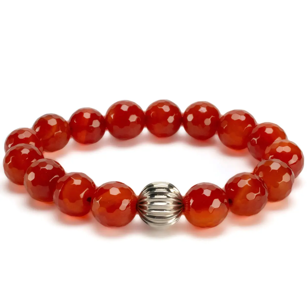 Faceted Carnelian 12Mm Gemstone Elastic Bracelet With Silver Accent Bead 1