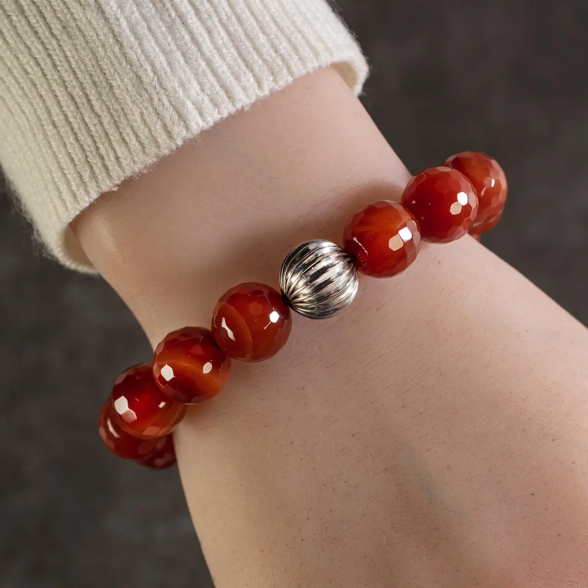 Faceted Carnelian 12Mm Natural Gemstone Bead Elastic Bracelet With Silver Accent Bead 1