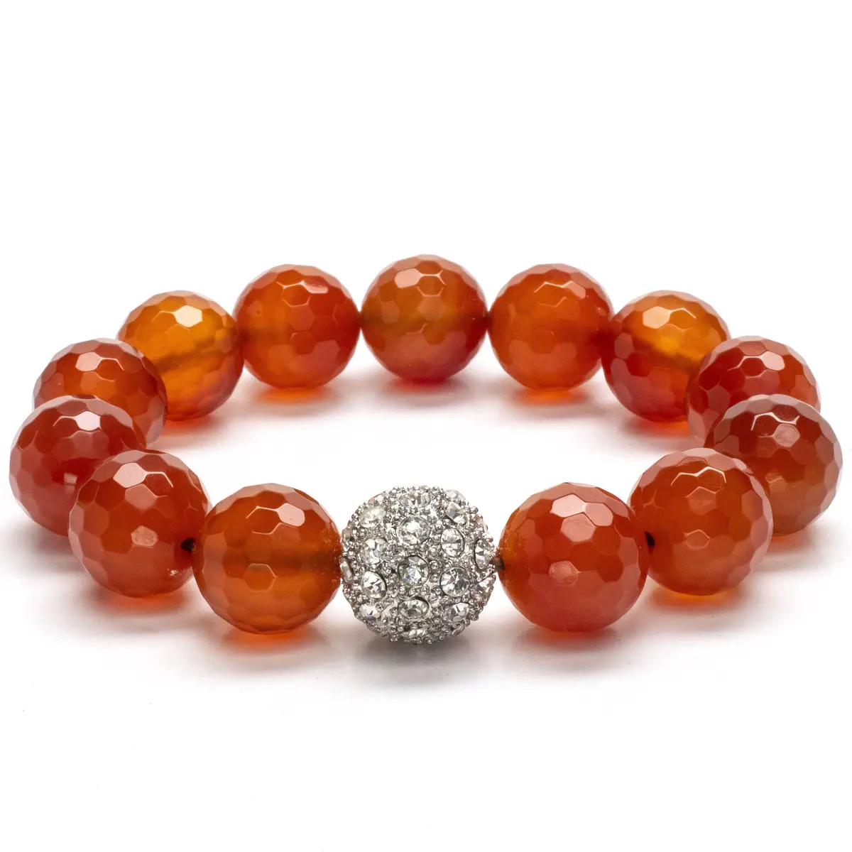 Faceted Carnelian 14Mm Gemstone Bead Braceletwith Sparkly Accent Bead Gemstone Elastic Bracelet 1