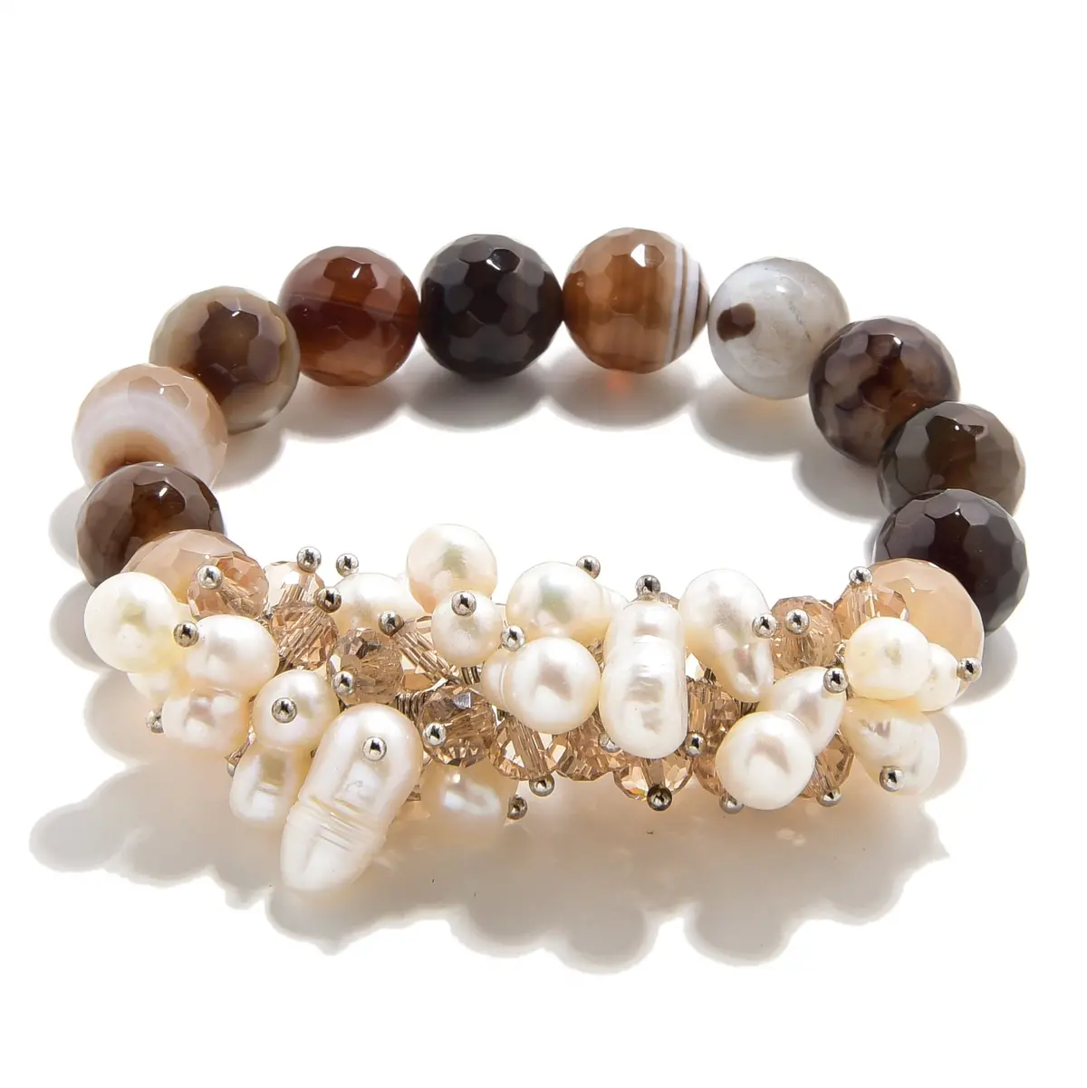 Faceted Coffee Agate & Freshwater Pearls 12Mm Gemstone Bead Elastic Bracelet 1