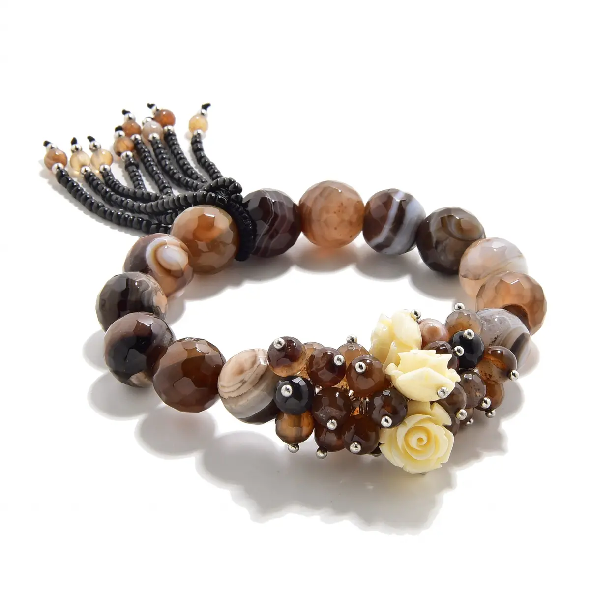 Faceted Coffee Agate With Flower Accents 12Mm Gemstone Bead Elastic Bracelet 1