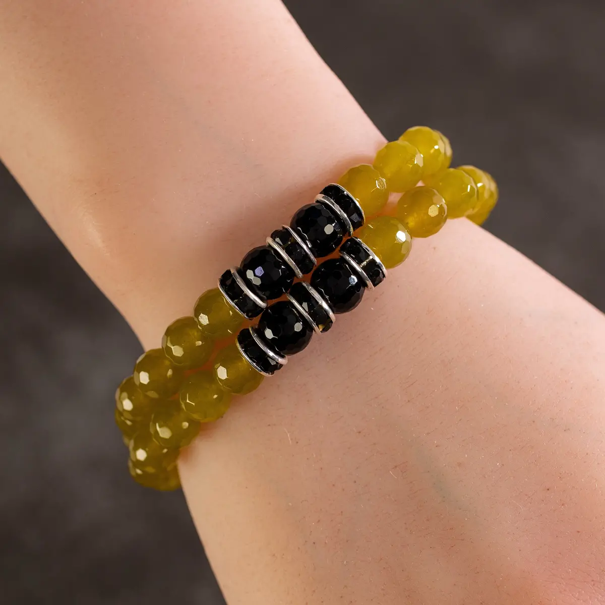 Faceted Green Agate 8Mm Beads With Black Agate And Black And Silver Accent Beads Double Wrap Elastic Gemstone Bracelet 1