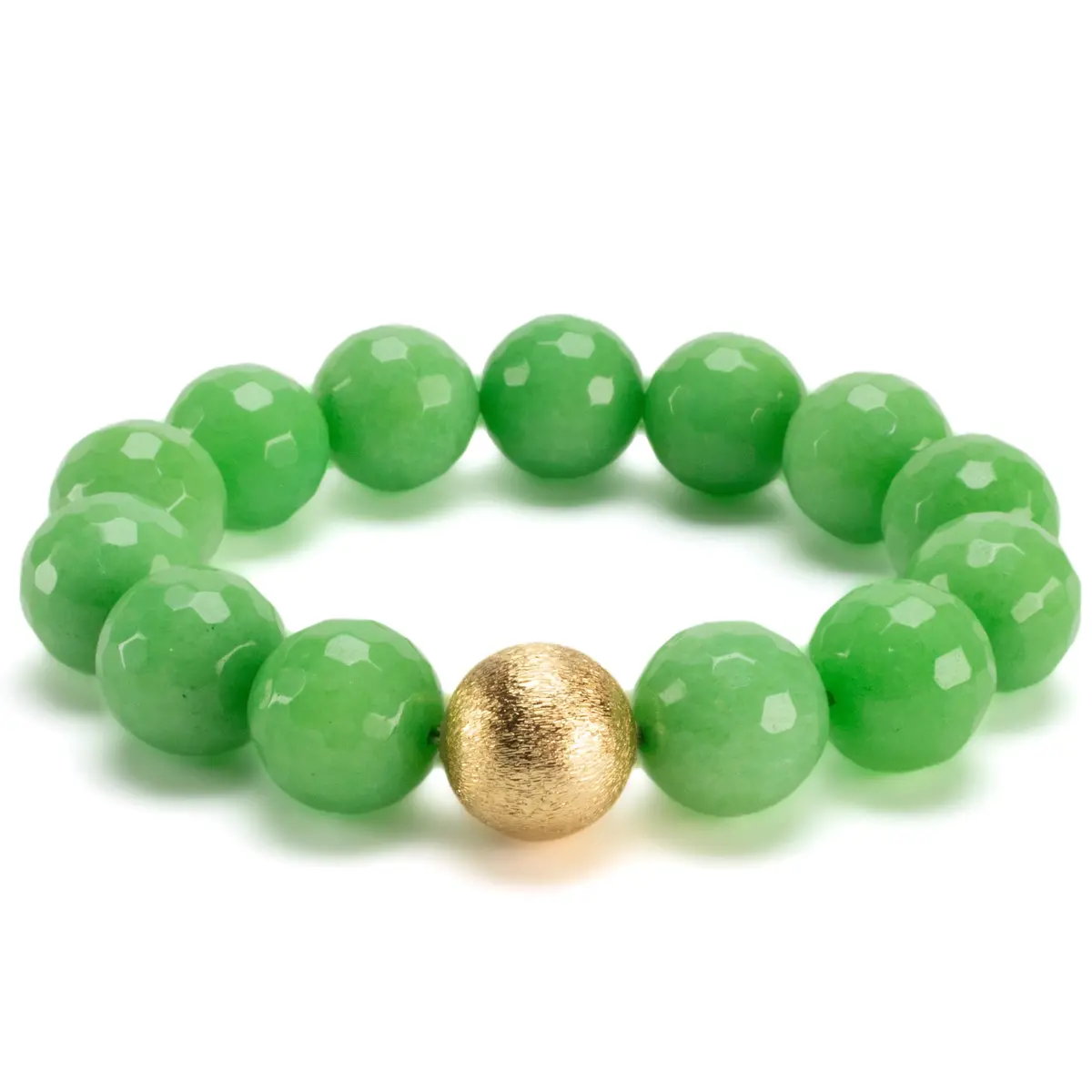Faceted Green Color Enhanced Jade With Gold Accent Bead Gemstone Elastic Bracelet 1