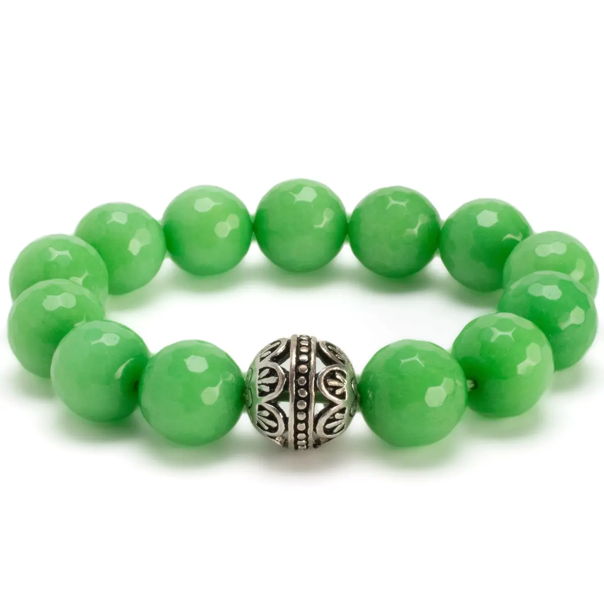 Faceted Green Color Enhanced Jade With Silver Accent Bead Gemstone Elastic Bracelet 1
