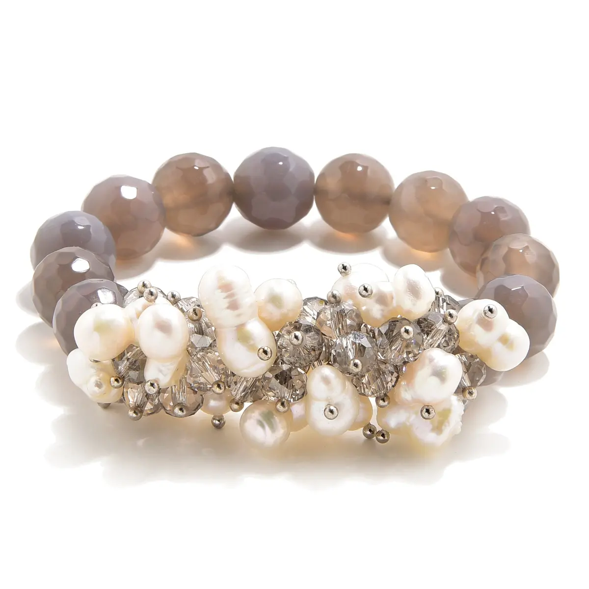 Faceted Grey Agate & Freshwater Pearls 12Mm Gemstone Bead Elastic Bracelet 1