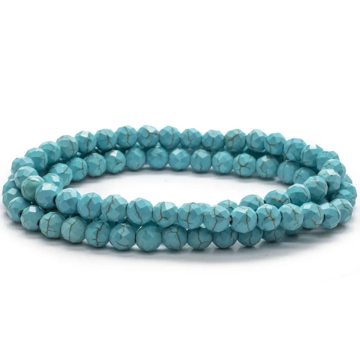 Faceted Howlite Turquoise 6Mm Gemstone Bead Triple Wrap Elastic Bracelet 2