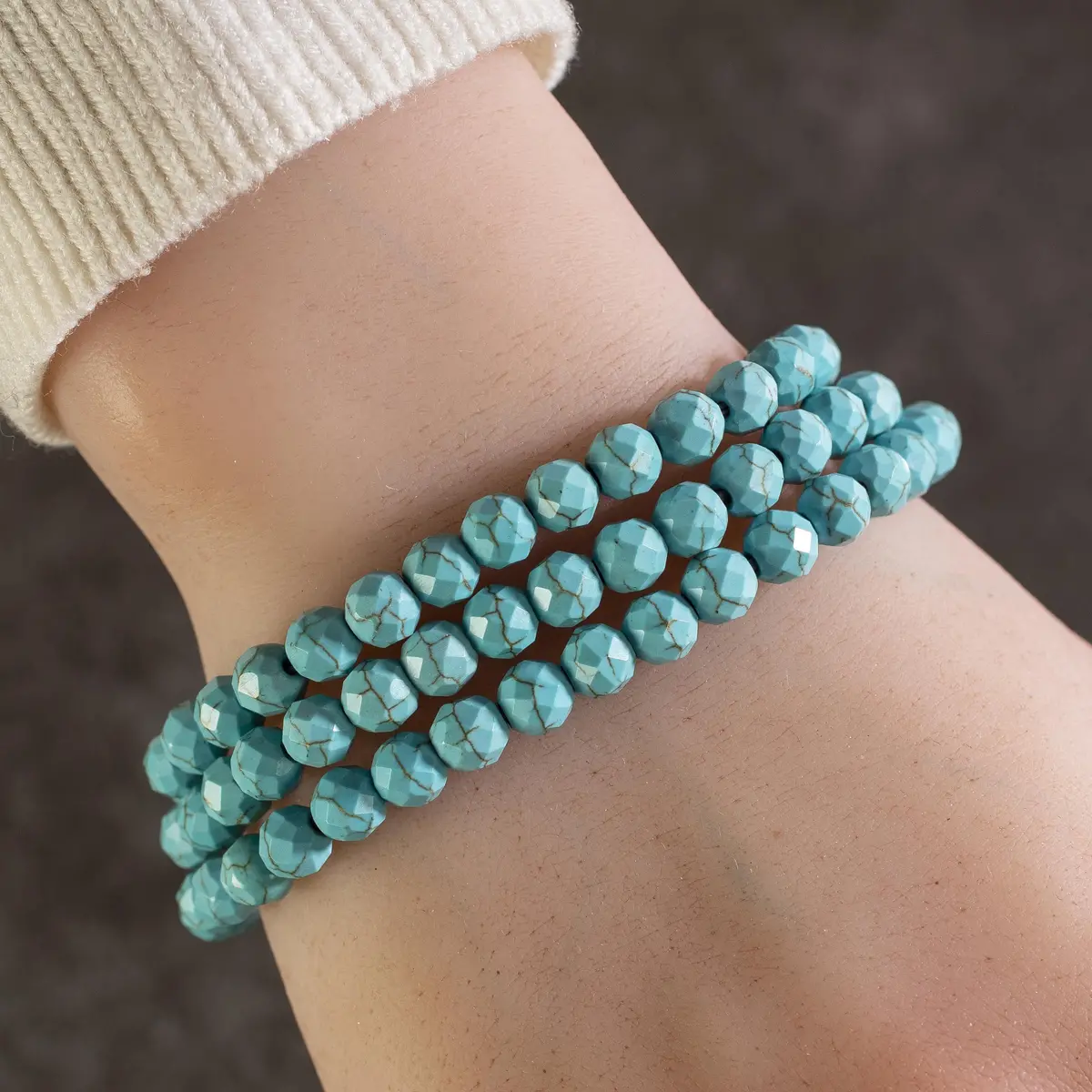 Faceted Howlite Turquoise 6Mm Gemstone Bead Triple Wrap Elastic Bracelet 1