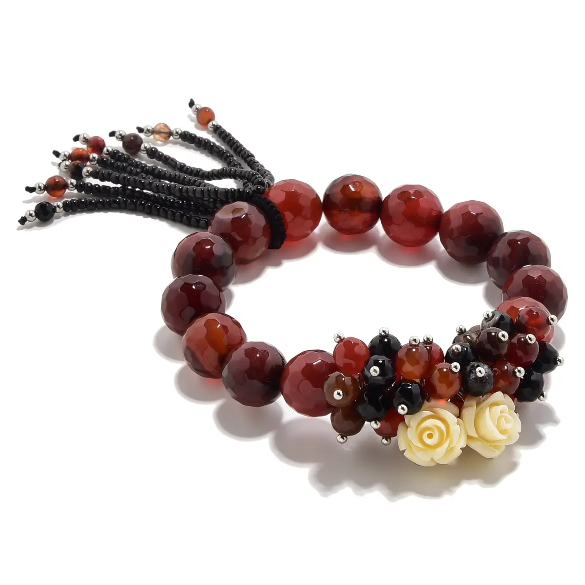 Faceted Rainbow Agate With Flower Accents 12Mm Gemstone Bead Elastic Bracelet 1