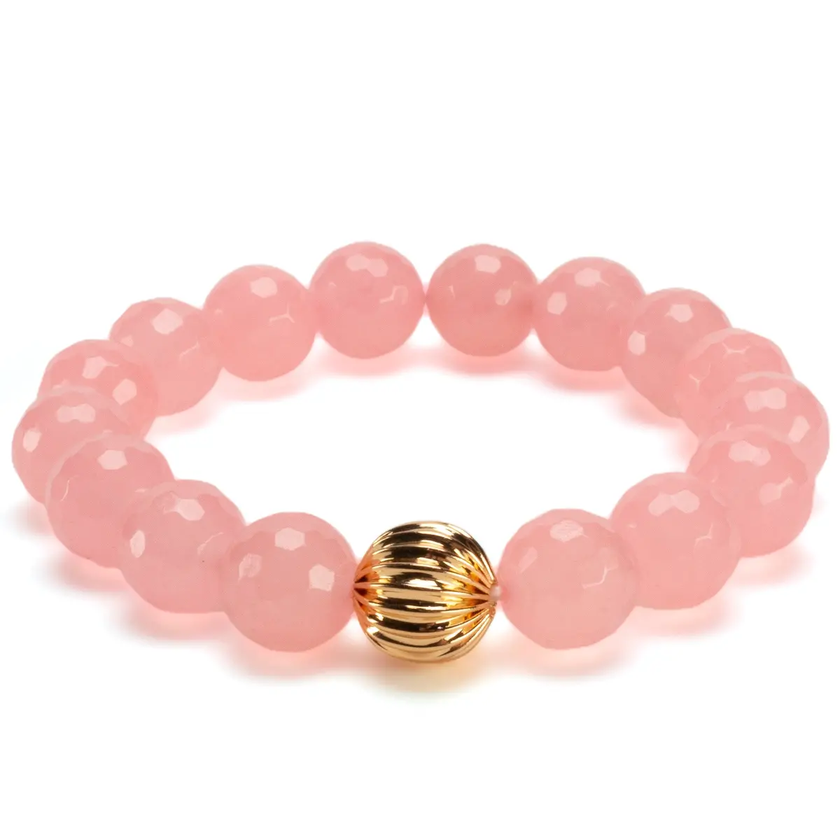 Faceted Rose Quartz 12Mm Gemstone Bead Elastic Bracelet With Gold Accent Bead 1