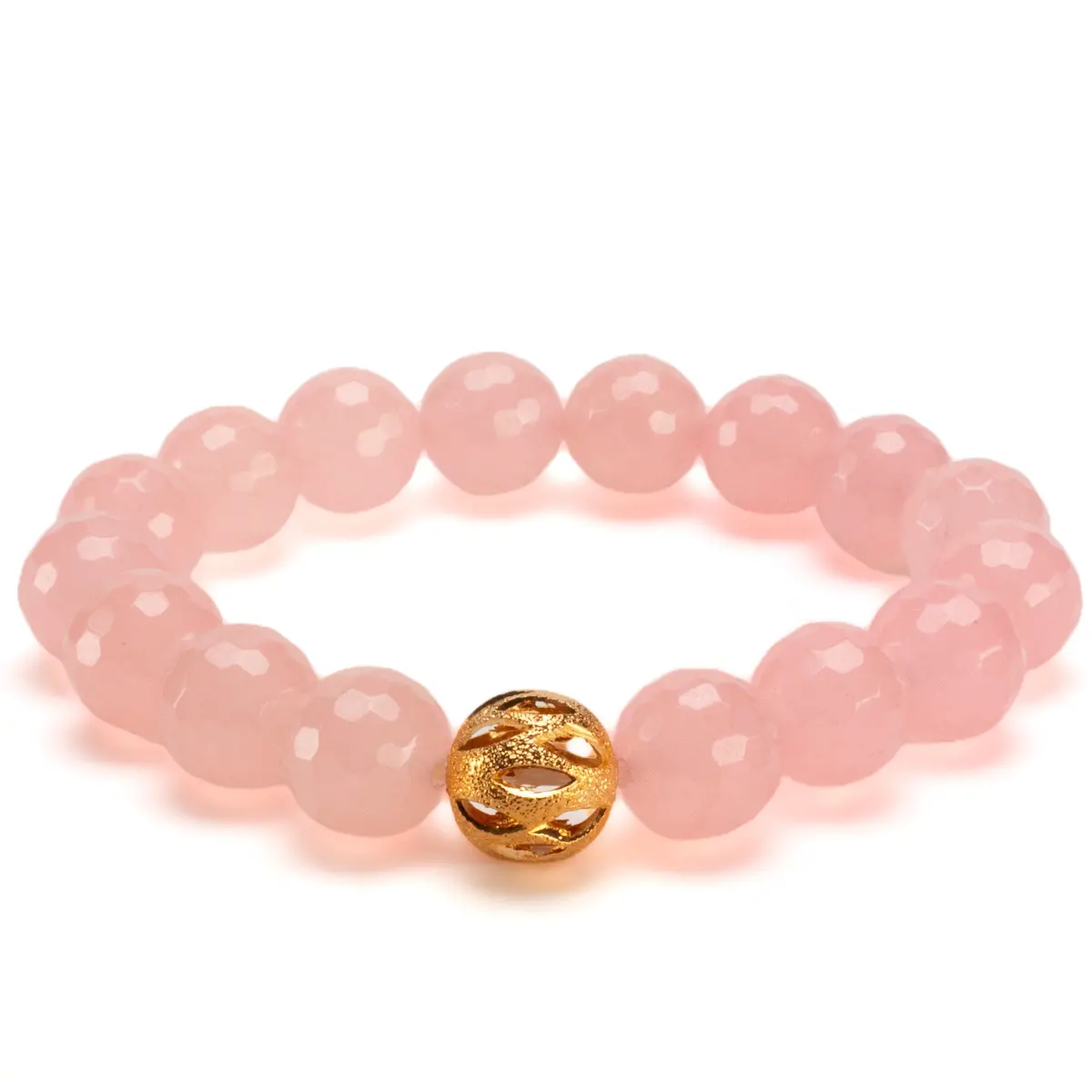 Faceted Rose Quartz 12Mm Gemstone Bead Elastic Bracelet With Gold Accent Bead 1